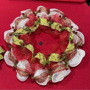Handmade Christmas Deco Mesh Wreath with Lime Green Swirl Ribbon and Red Berries
